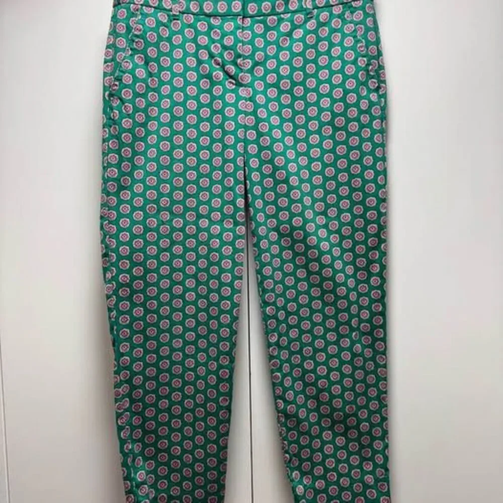 J.Crew Stretch Green Purple Medallion Print Pants Size 4 Cotton Ankle
